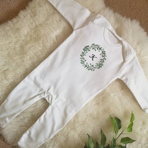 Personalised Christmas Cotton Sleepsuit, Bodysuit, wreath, newborn Baby, Handmade, Printed, Name, Initials, cotton, unisex, shower, gift, image 5