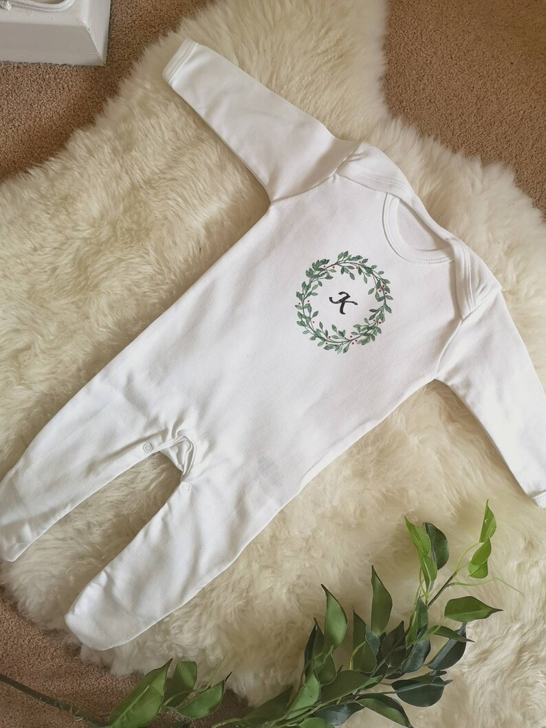 Personalised Christmas Cotton Sleepsuit, Bodysuit, wreath, newborn Baby, Handmade, Printed, Name, Initials, cotton, unisex, shower, gift, image 5