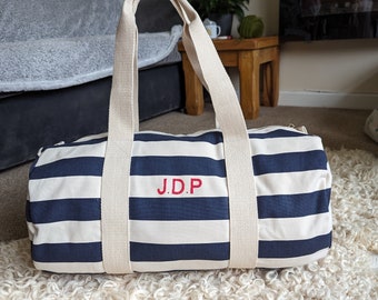 Personalised nautical barrel bag, initials, striped gym bag, personalised holdall, weekend bag, overnight bag, name, getaway, sports duffel