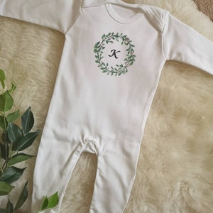 Personalised Christmas Cotton Sleepsuit, Bodysuit, wreath, newborn Baby, Handmade, Printed, Name, Initials, cotton, unisex, shower, gift, image 3