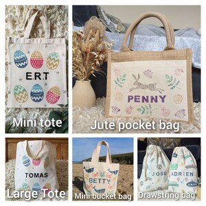 Personalised Easter Egg Hunt Bags, children's spring gift, Easter basket, bucket, bunny, mini Tote, kids, small, drawstring, sack, storage image 10