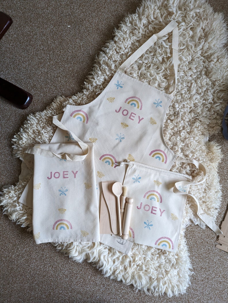 Personalised Fair Trade Cotton Children's Apron and Baking set, Name, Initials, Bag, Utensils, Tea Towel, Adjustable, kit, gift, rainbow, image 2