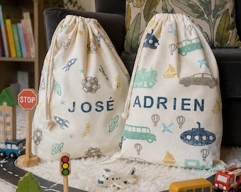 Personalised Children's Drawstring Toy Bag: Hand-Printed Cotton Storage