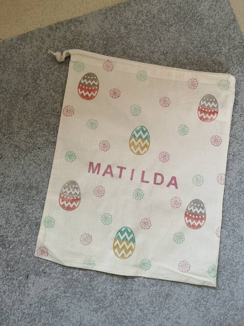 Personalised Easter Egg Hunt Bags, children's spring gift, Easter basket, bucket, bunny, mini Tote, kids, small, drawstring, sack, storage image 8