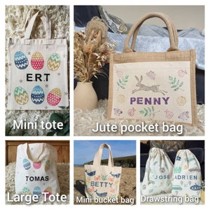 Personalised Easter Egg Hunt Bags, children's spring gift, Easter basket, bucket, bunny, mini Tote, kids, small, drawstring, sack, storage image 10