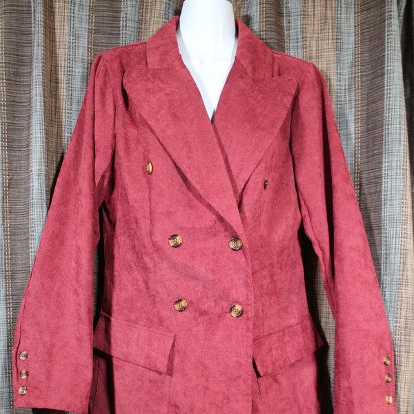 Women Fall Winter Double Breasted Brown Button Maroon Magenta Corduroy Casual Office Blazer Layering Suit Jacket w/ Pockets (Size MEDIUM)
