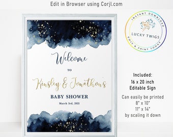 Twinkle Twinkle Little Star Baby Shower Welcome Sign, Editable Welcome Sign, Navy & Gold Welcome Sign, Baby Shower Sign, Instant Download