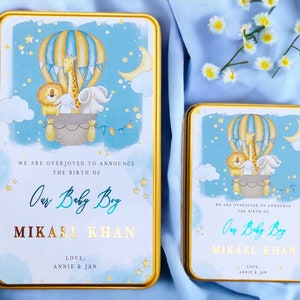 Scatola Mithai personalizzata/ Scatola bomboniera personalizzata per bambini/ Scatola indiana Mithai/ Scatola di latta dorata/ Scatola annuncio nascita neonato/ Scatola bomboniera indiana