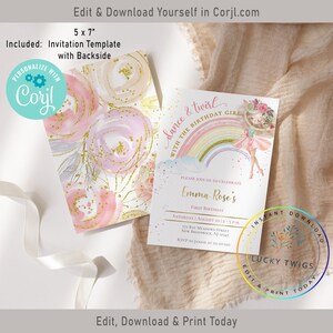 May include: A pink and gold watercolor invitation with a ballerina and rainbow design. The text reads "Dance & Twirl with the Birthday Girl Emma Rose's First Birthday Saturday, August 10, 2-5 p.m. 175 Bay Meadows Street New Brunswick, NJ 12345 RSVP to Janine at 111-111-1111".