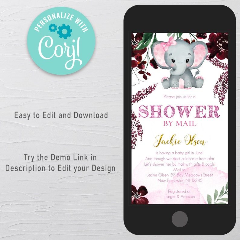 Girl Baby Shower by Mail Invitation, Virtual Baby Shower Invitation