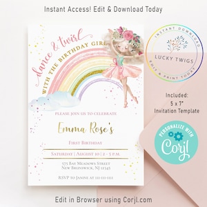 Ballerina Invitation, Ballerina Birthday Invitation, Dance and Twirl Invitation, Girl Rainbow Birthday Invite, Digital or Printable Instant
