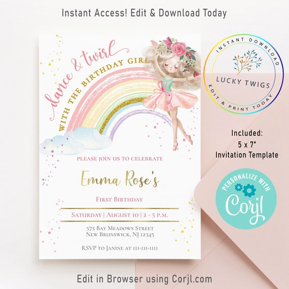 Ballerina Invitation, Ballerina Birthday Invitation, Dance and Twirl Invitation, Girl Rainbow Birthday Invite, Digital or Printable Instant