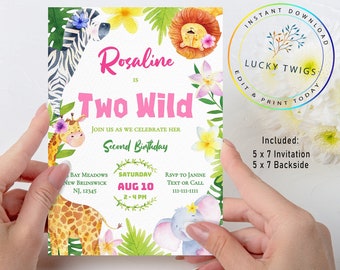 Two Wild Invitation, Safari Birthday Invitation, Second Birthday Invitation, Animal Birthday Invite, Girl Birthday, Editable, Printable, GS1