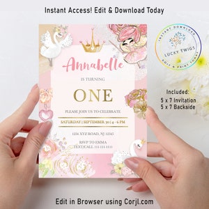 Editable Girl Birthday Invitation, Girl First Birthday Invite, Swan Princess Birthday Invite,  Pink and Gold Birthday, Blush Pink Floral