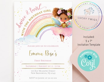 Black Ballerina Birthday Invitation, Black Fairy Invitation, Dance Twirl Invitation, Editable Invite, Digital or Printable Instant Download
