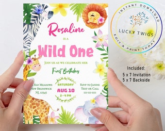 Wild One Invitation, Safari Birthday Invitation, First Birthday Invitation, Animal Birthday Invite, Girl Birthday, Editable, Printable, GS1