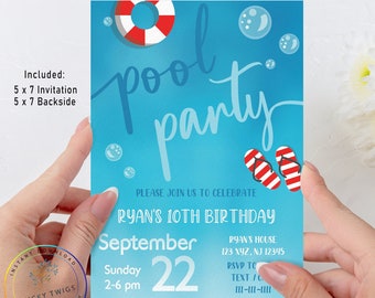 Pool Party Invitation, Swimming Invitation, Summer Birthday Invitation Boy, Editable Pool Party Invite, Instant Download