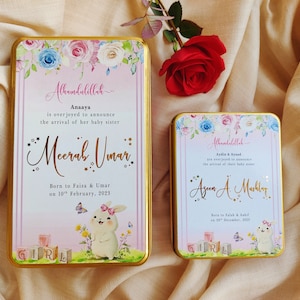 Scatola Mithai personalizzata, Scatola bomboniera personalizzata per bambini, Scatola dolce indiana, Scatola di latta, Scatola Mithai annuncio bambino personalizzata, Scatola Laddu, Scatola Mithai