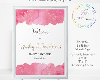 Może przedstawiać: Różowo-złoty akwarelowy znak powitalny na baby shower z tekstem "Witamy na baby shower Kinsley & Jonathon's 3 marca 2021". Znak ma 40,6 cm x 50,8 cm i można go wydrukować w mniejszych rozmiarach.