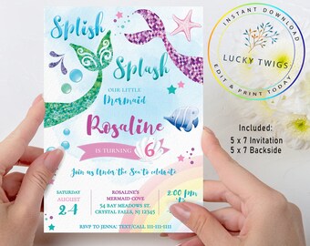 Mermaid Invitation Instant Download, Mermaid First Birthday Invitation, Under the Sea Invitation, Mermaid Party Invitation, SSM