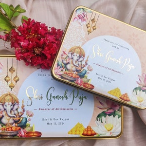 Personalized Ganesh Puja Box| Custom Ganesh Mithai Box| Indian Sweet Box| Gold Tin| Ganesh Gift Box| Ganesh Chaturthi| Laddu Box| Mithai Box