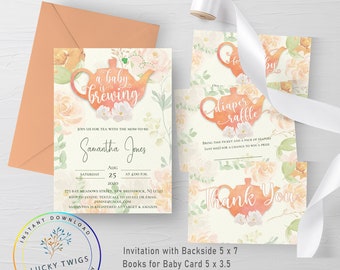 EDITABLE Tea Party Baby Shower Invitation, Baby is Brewing Baby Shower Bundle, Floral Baby Shower Invitation, Instant Download Template