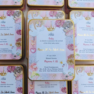 Benutzerdefinierte Mithai Box, personalisierte Baby Favor Box, indische süße Box, Blechdose, personalisierte Babymitteilung Mithai Box, Laddu Box, Mithai Box