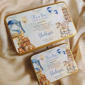 Scatola Mithai personalizzata, scatola per bomboniere personalizzata per neonati, scatola di dolci indiani, scatola di latta, scatola Mithai per annuncio di nascita, scatola Mithai per neonato, scatola Laddu