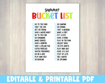 Summer bucket list, printable editable PDF, kids bucket list, summer bucket list poster, fun summer activities, checklist for kids