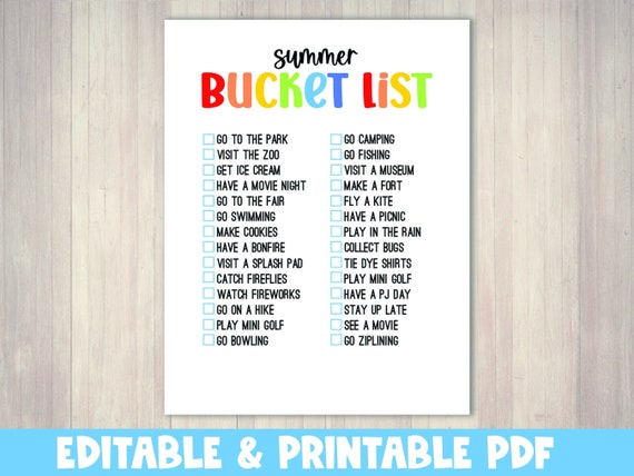 Summer Bucket List, Printable Editable PDF, Kids Bucket List