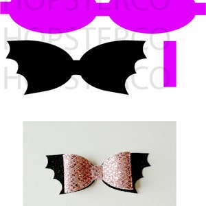 May include: A pink glitter bat-shaped hair bow with black felt wings. The bow is made from two pieces of pink glitter fabric sewn together in the middle. The wings are made from black felt and are attached to the back of the bow.
