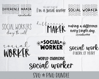 Puede incluir: Un conjunto de 10 archivos digitales SVG y PNG en blanco y negro con varias citas sobre trabajadores sociales. Las citas incluyen "Difference Maker", "Social Workers Change the World", "I'm a Social Worker", "World Changing Social Worker" y "Social Work A Work of Heart".