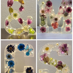 CUSTOM 6 Inch LED Personalized Resin Letter Light with Dried Flowers. Comes with remote control and 8 different light settings!