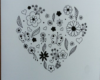 Hand Drawn Blank Greetings Card - Black and White Heart