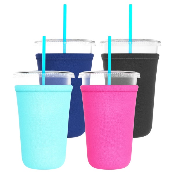 Iced Coffee Sleeve Cup Insulators (4-Pack) Neoprene Sleeves for 22oz to 24oz Plastic Cups - Great for SVG Heat Transfer Vinyl HTV