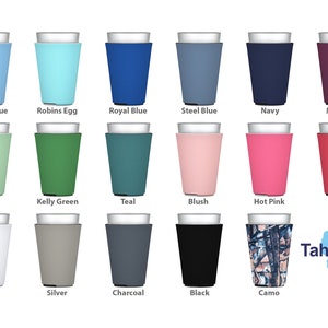 May include: Assortment of 16 colors of neoprene can coolers, including Placid Blue, Robins Egg, Royal Blue, Steel Blue, Navy, Maroon, Mint, Kelly Green, Teal, Blush, Hot Pink, Red, White, Silver, Charcoal, Black, Camo.  The TahoeBay logo is in the bottom right corner.