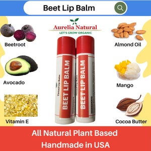 May include: Two red tubes of beet lip balm with the words "Beet Lip Balm" and "Tinted Lip Balm" printed on the front. The ingredients are listed on the back of the tubes. The lip balm is made with natural ingredients, including beetroot, avocado, almond oil, mango, cocoa butter, and vitamin E. The product is handmade in the USA.