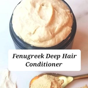 May include: A jar of Fenugreek Deep Hair Conditioner with a creamy, light beige texture. A golden spoon holds a pile of light brown powder, with some powder scattered around. The product is for hair care.