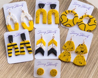 Custom Gameday School Spirit Clay Team Earrings Black and Yellow Gold