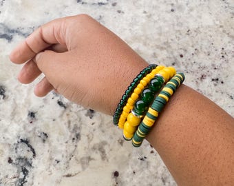 Gameday School Spirit Clay Team Bracelet Earrings Dark Green and Yellow