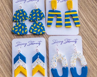 Custom Gameday School Spirit Clay Team Earrings Blue and Yellow Gold