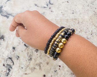 Gameday School Spirit Clay Team Bracelet Earrings Black and Metallic Gold