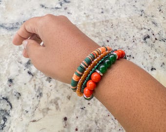 Gameday School Spirit Clay Team Bracelet Earrings Dark Green and Orange