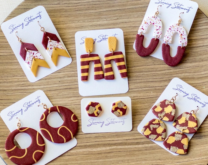 Custom Gameday School Spirit Clay Team Earrings Maroon Burgundy and Gold