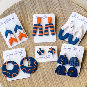 Custom Gameday School Spirit Clay Team Earrings Navy and Orange