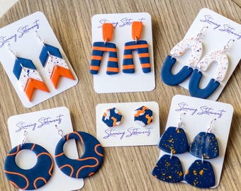 Custom Gameday School Spirit Clay Team Earrings Navy and Orange
