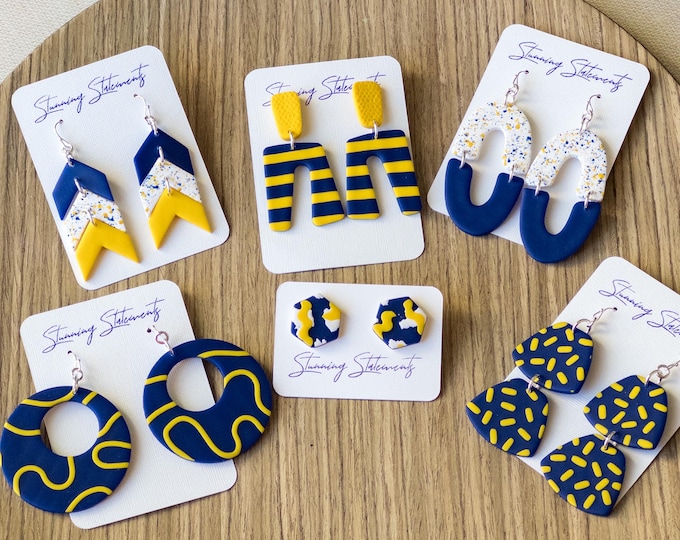 Custom Gameday School Spirit Clay Team Earrings Ultra Dark Blue and Bright Yellow