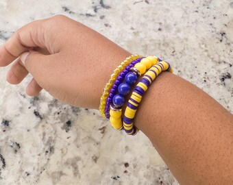 Gameday School Spirit Clay Team Bracelet Earrings Purple and Yellow Gold