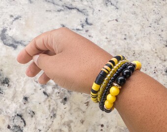 Gameday School Spirit Clay Team Bracelet Earrings Black and Yellow