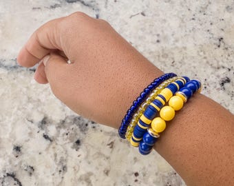 Gameday School Spirit Clay Team Bracelet Earrings Dark Blue and Yellow